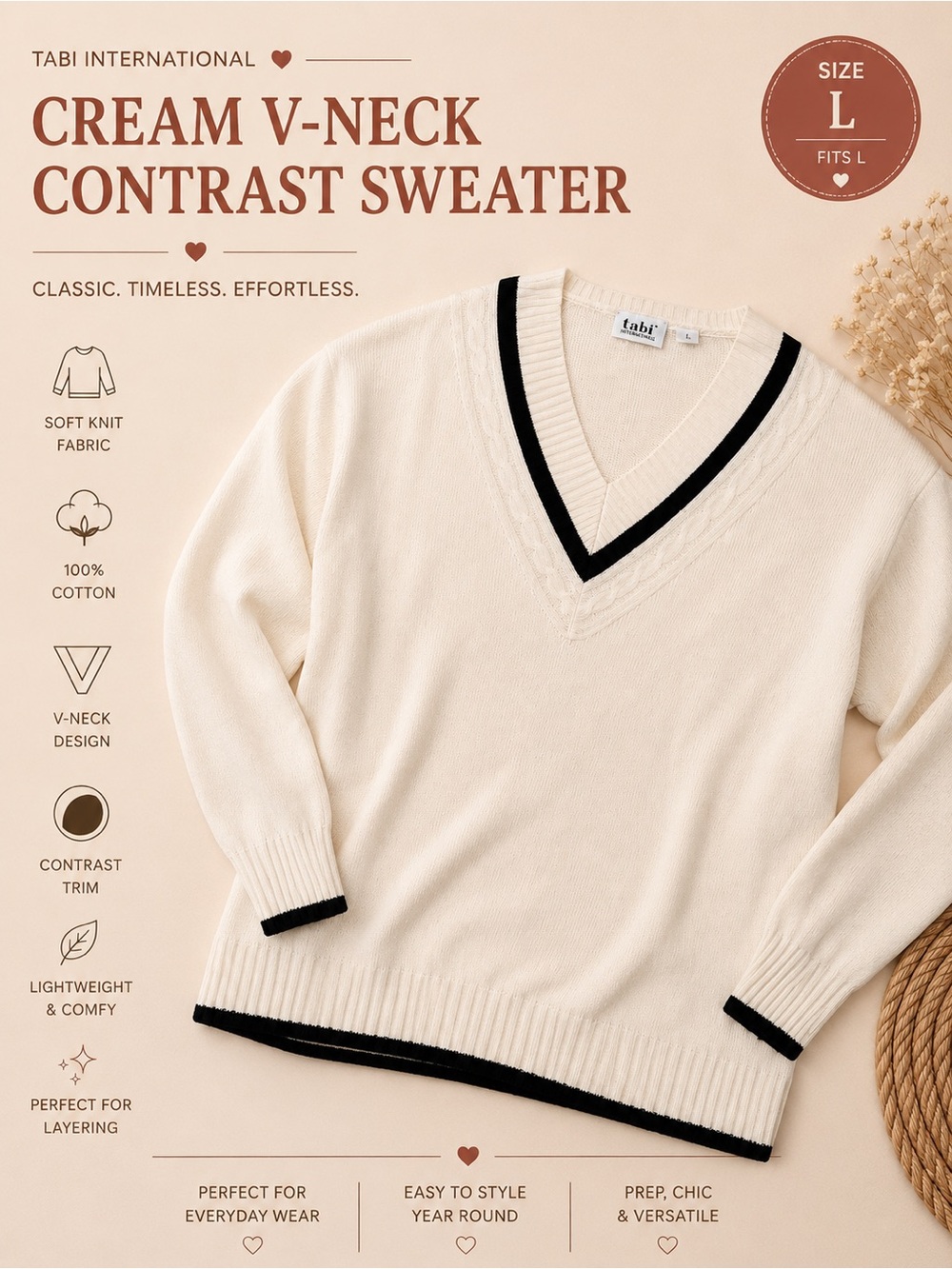 Tabi International 100% Cotton Cream V-Neck Contrast Sweater | Size L